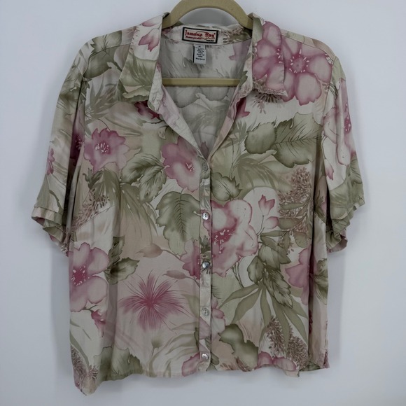 Jamaica Bay Tops - Jamaica Bay Silk Rayon Floral Shirt Womens 1X Green Pink Excellent Tropical Top
